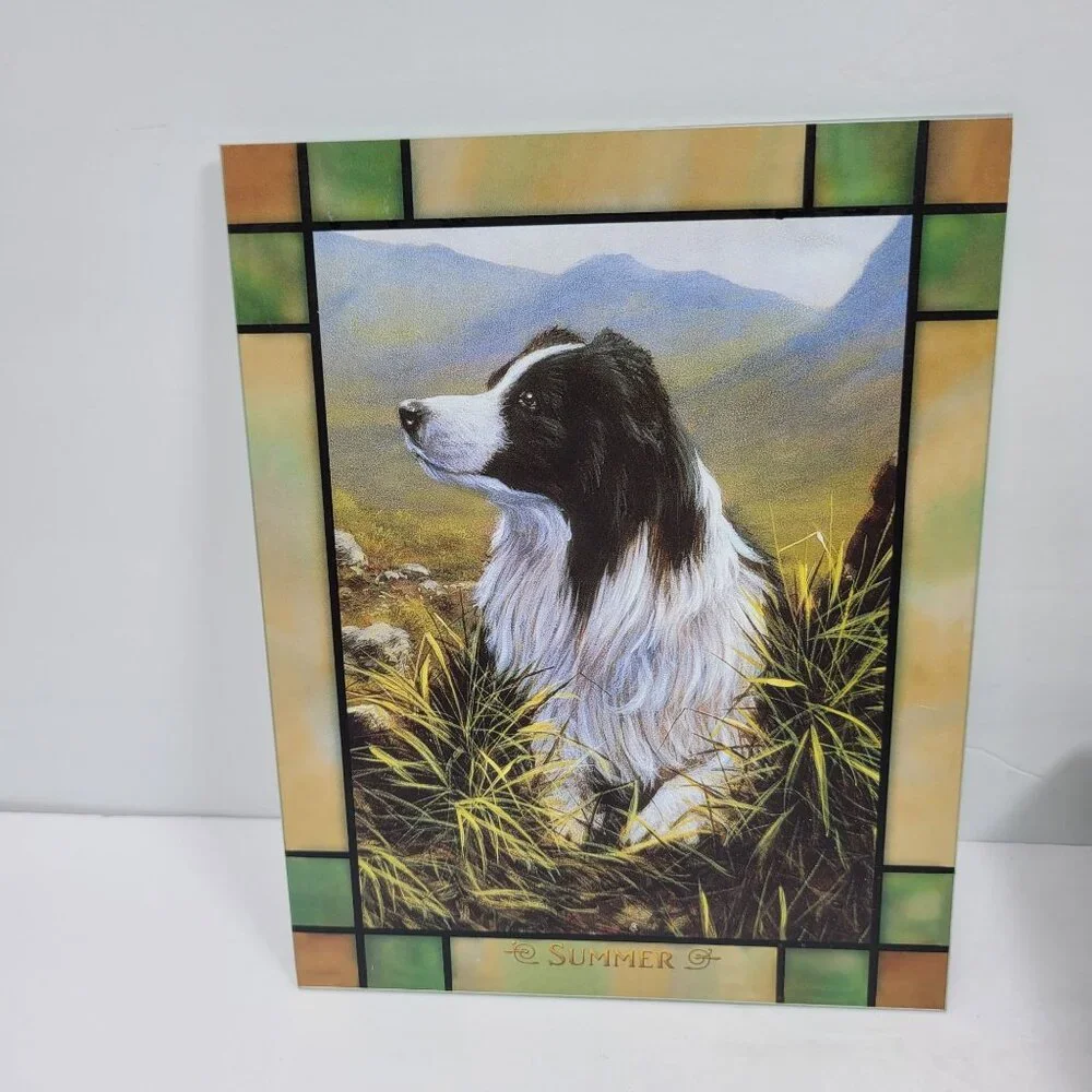 The Danbury Mint Border Collie Stained Glass Lighted Clock 4-Seasons Like New